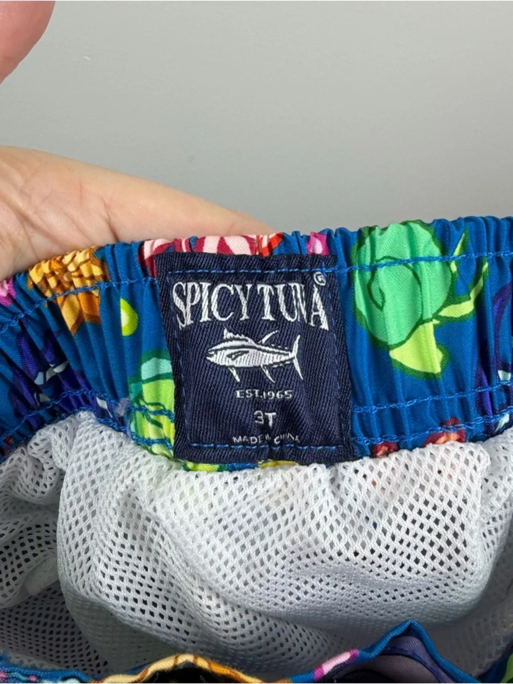 Boy's Spicy Tuna Blue Shells Fish Swim Shorts Lined Trunks Starfish Ocean 3T